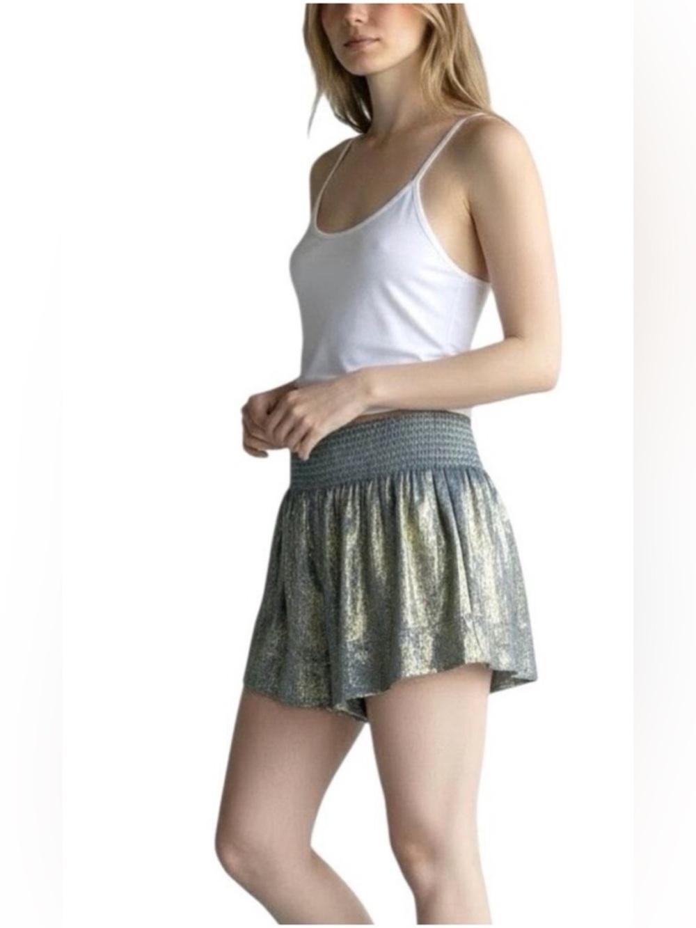 Queen of Sparkles Blue with Gold Metallic Dusted Stitching Swing Shorts